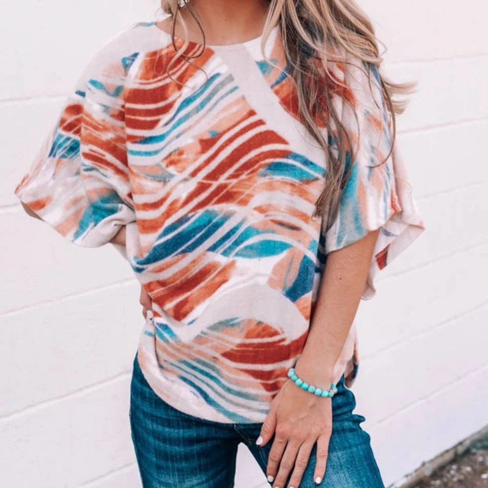 TIE-DYE PRINT 3/4 DOLMAN SLEEVE CHIC FLOWY TOP SMALL